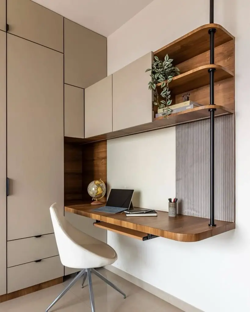 Suspended desk with metal frame and wood shelving