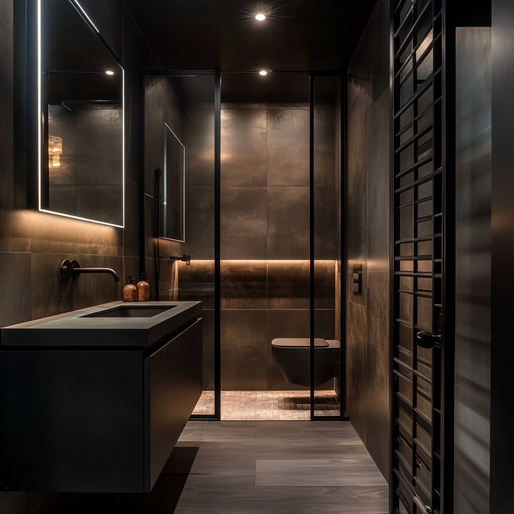 Dark concrete bathroom with glass shower and moody lighting