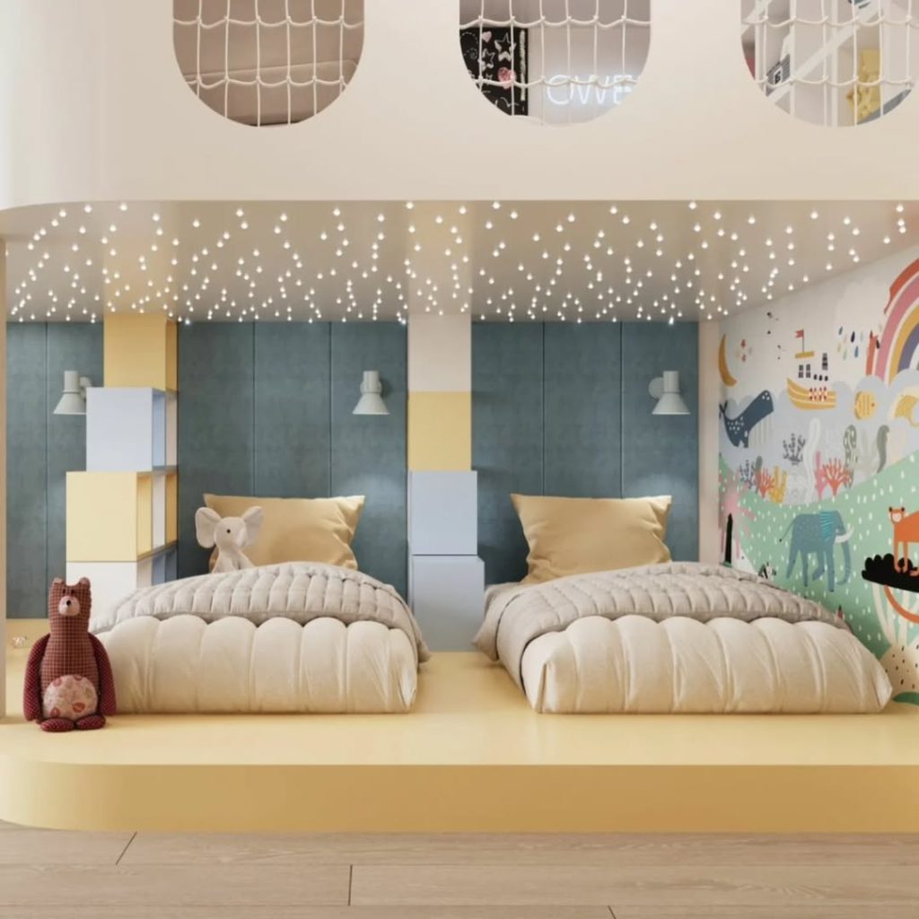 Shared kids bedroom with twin beds and starry ceiling lighting