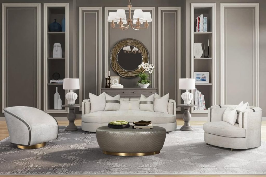 Neutral living room with built-in shelves and circular mirror centerpiece