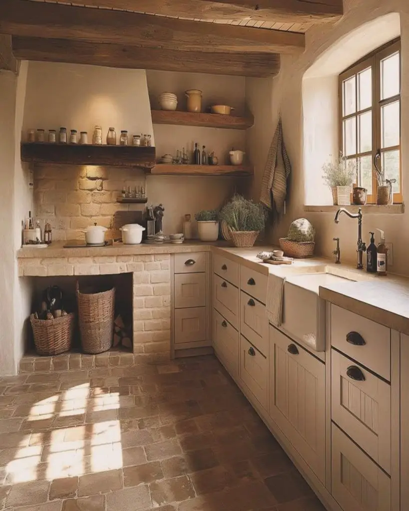 Tuscan kitchen with exposed beams, fireplace nook, earth tones