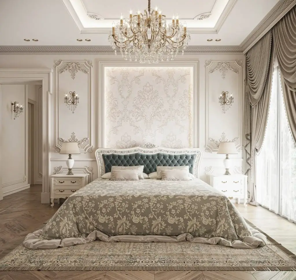 Classical bedroom with crystal chandelier velvet tufted headboard