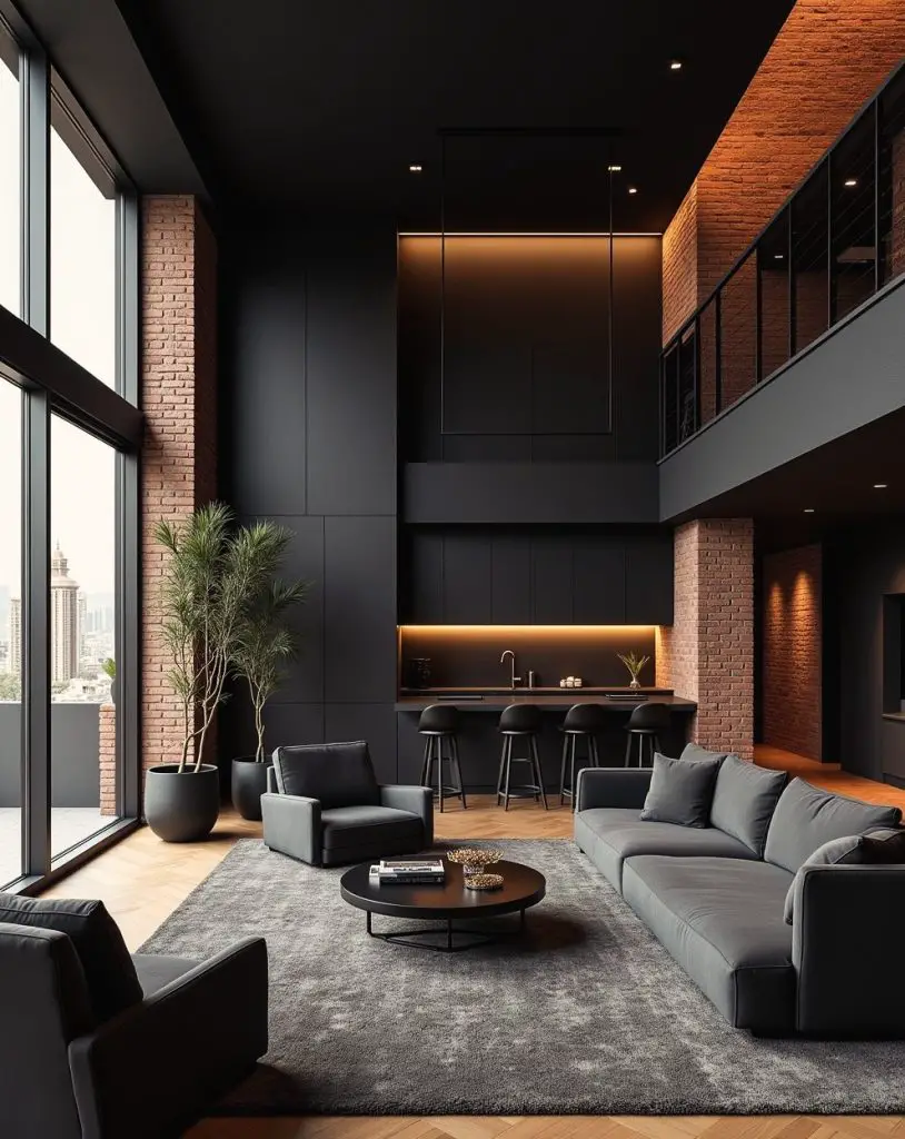 Contemporary dark living room with rich textures and ambient lighting