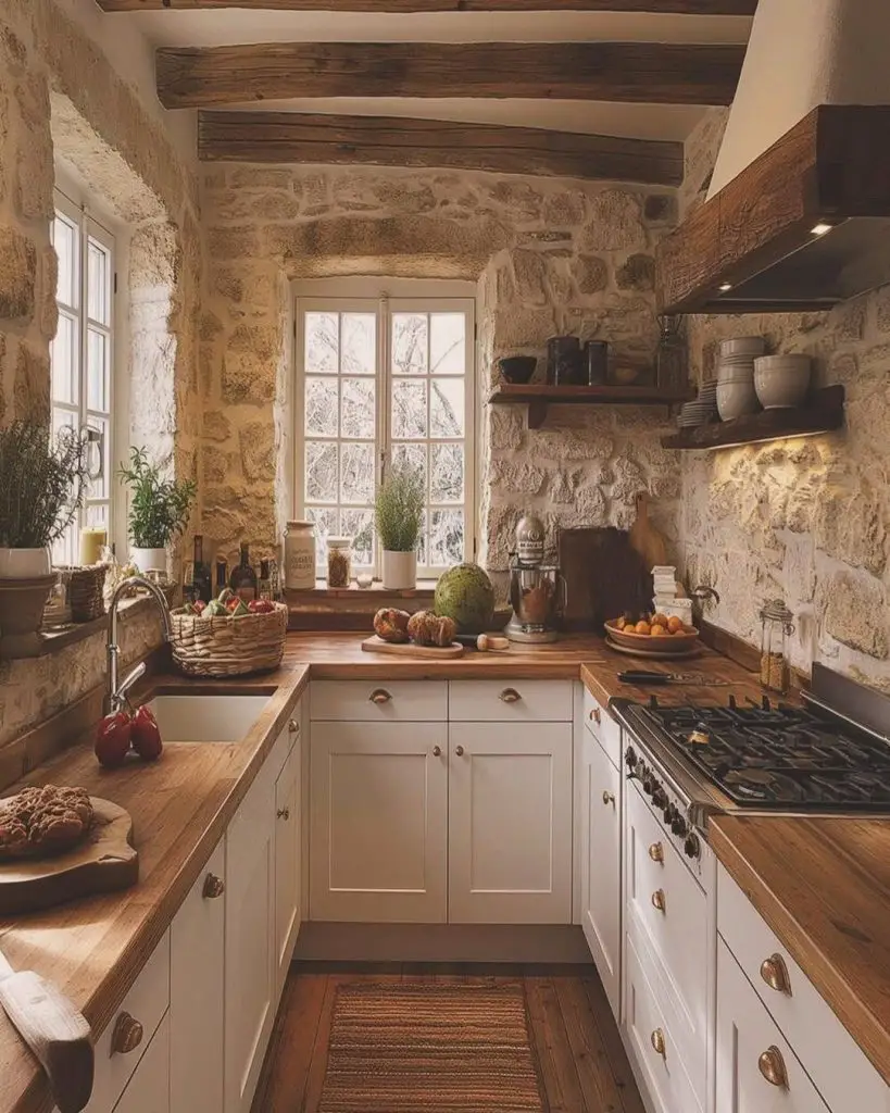 Stone cottage kitchen with wooden beams, herb windowsill, natural materials