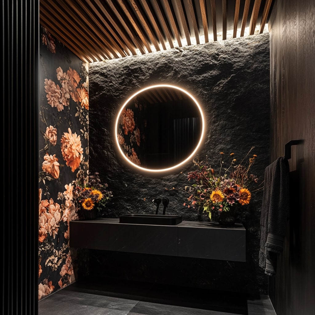Bold floral bathroom with wood ceiling and LED mirror