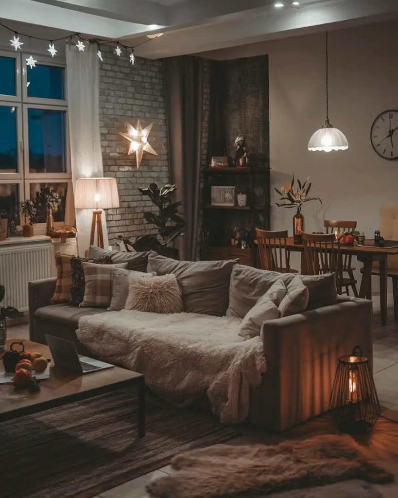 Neutral sofa with star lights, brick wall, cozy dining connection
