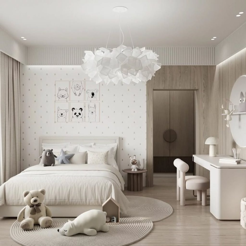Minimalist kids bedroom with neutral tones and cloud pendant light