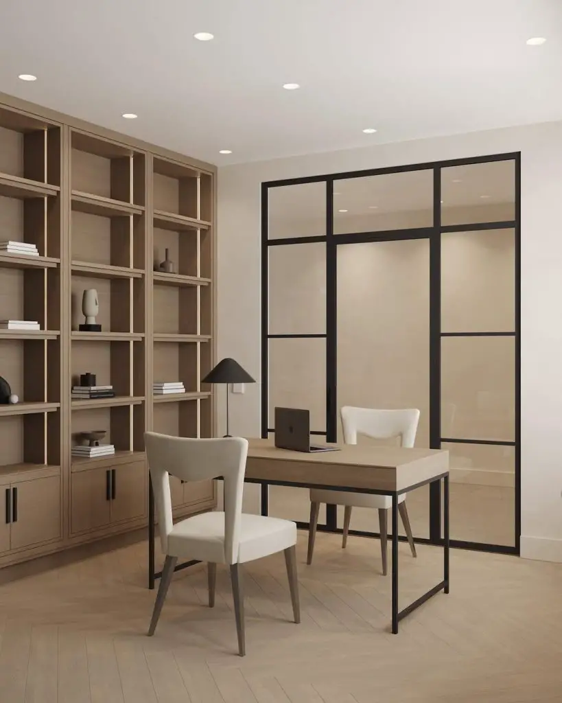Large office with floor-to-ceiling wooden bookshelves and desk
