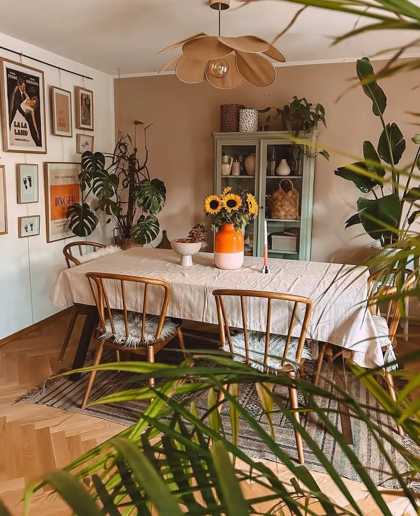 Vintage dining room with botanical elements and sunflower centerpiece
