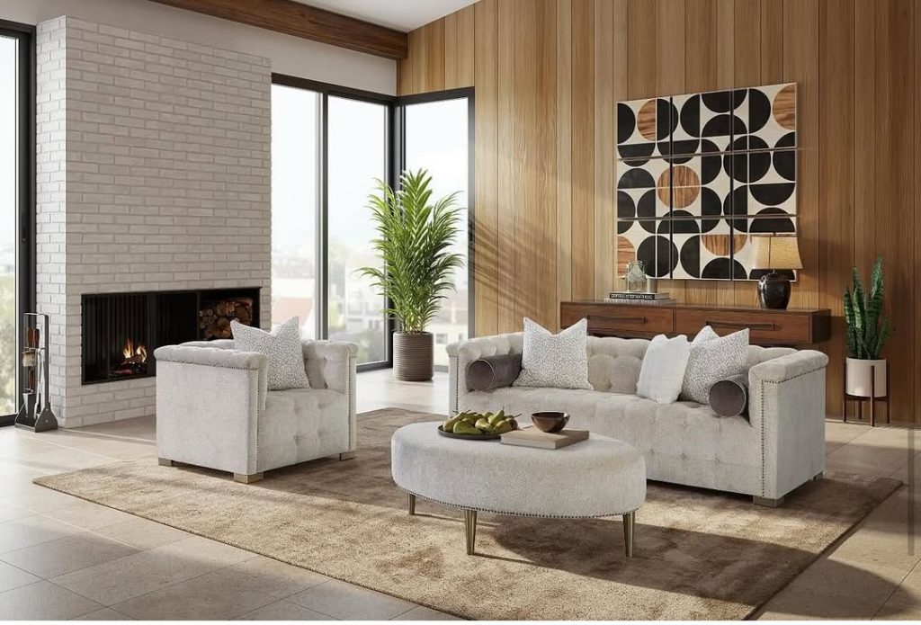 Living room with wood panel wall and white brick fireplace