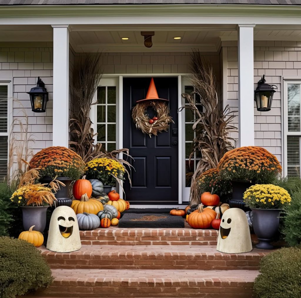 Fall porch decorated with smiling ghosts pumpkins and autumn flowers