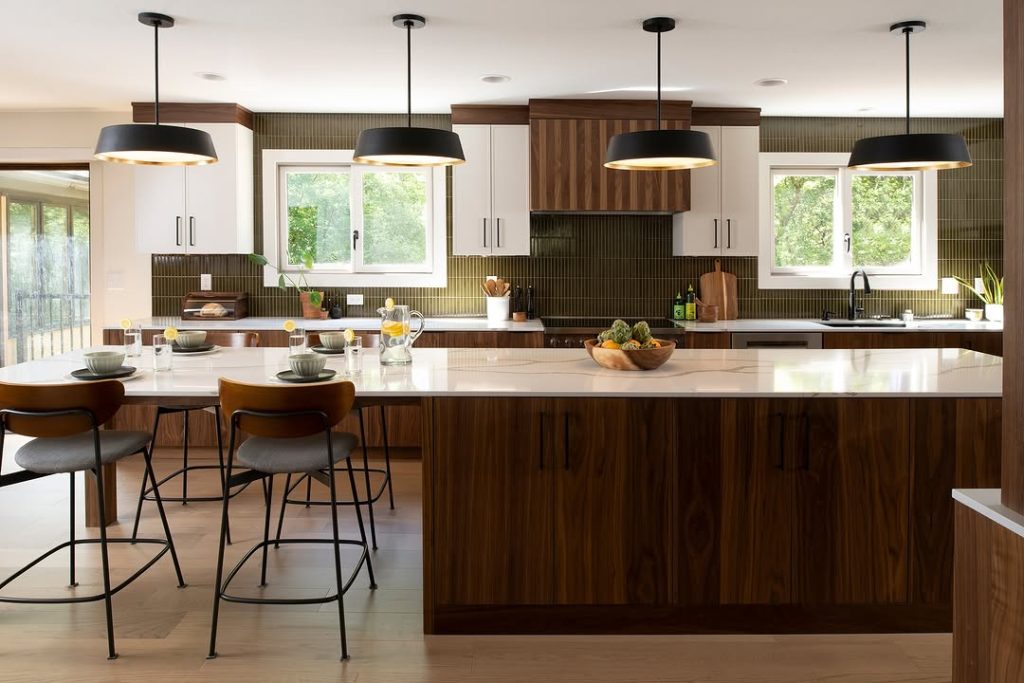 Modern kitchen with walnut cabinets, white uppers, and green tile backsplash