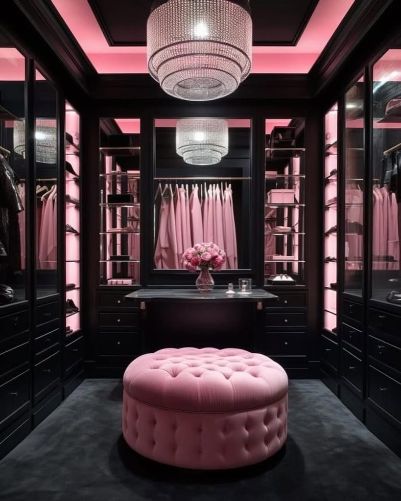 Luxury pink-lit closet with black cabinets and crystal chandelier