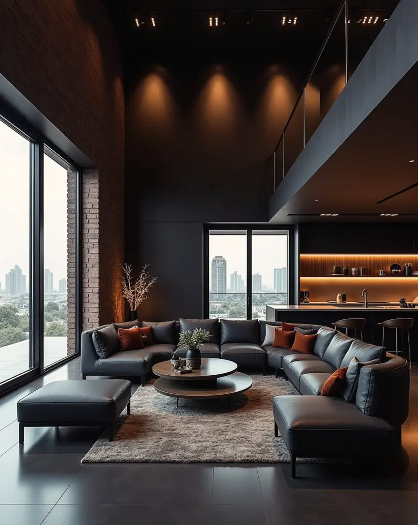Industrial chic living room with concrete walls and black furniture