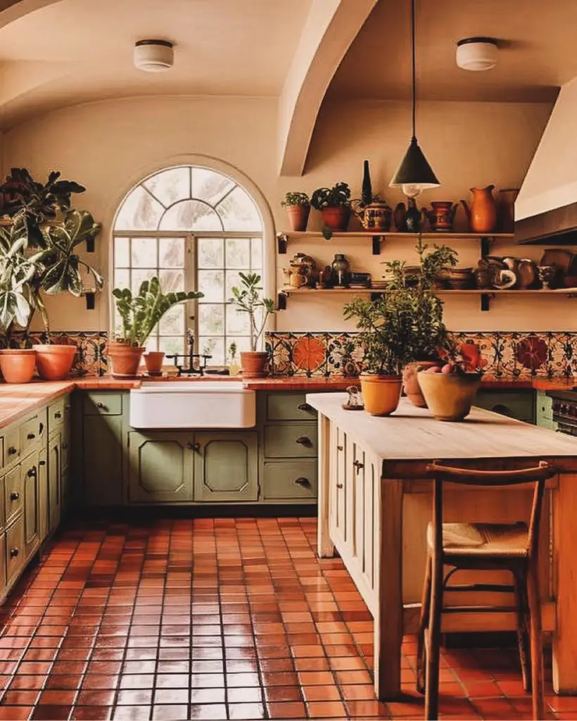 Mediterranean kitchen with terracotta floors, arched window, sage cabinets