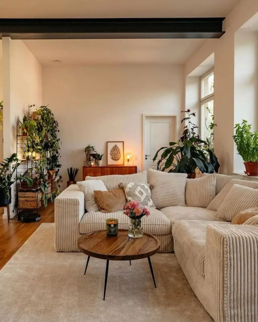 Minimalist living room filled with plants and neutral furniture