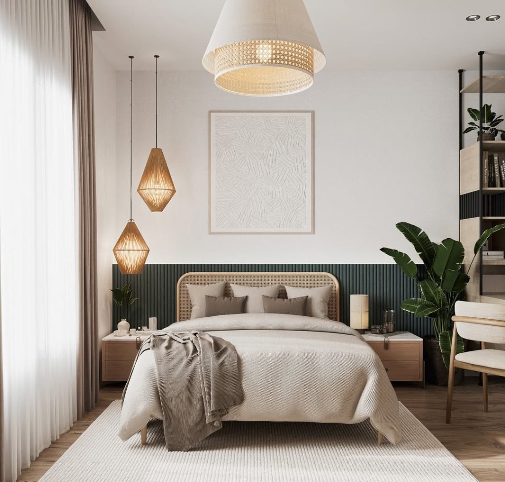 Bedroom with rattan headboard geometric pendant lights plants