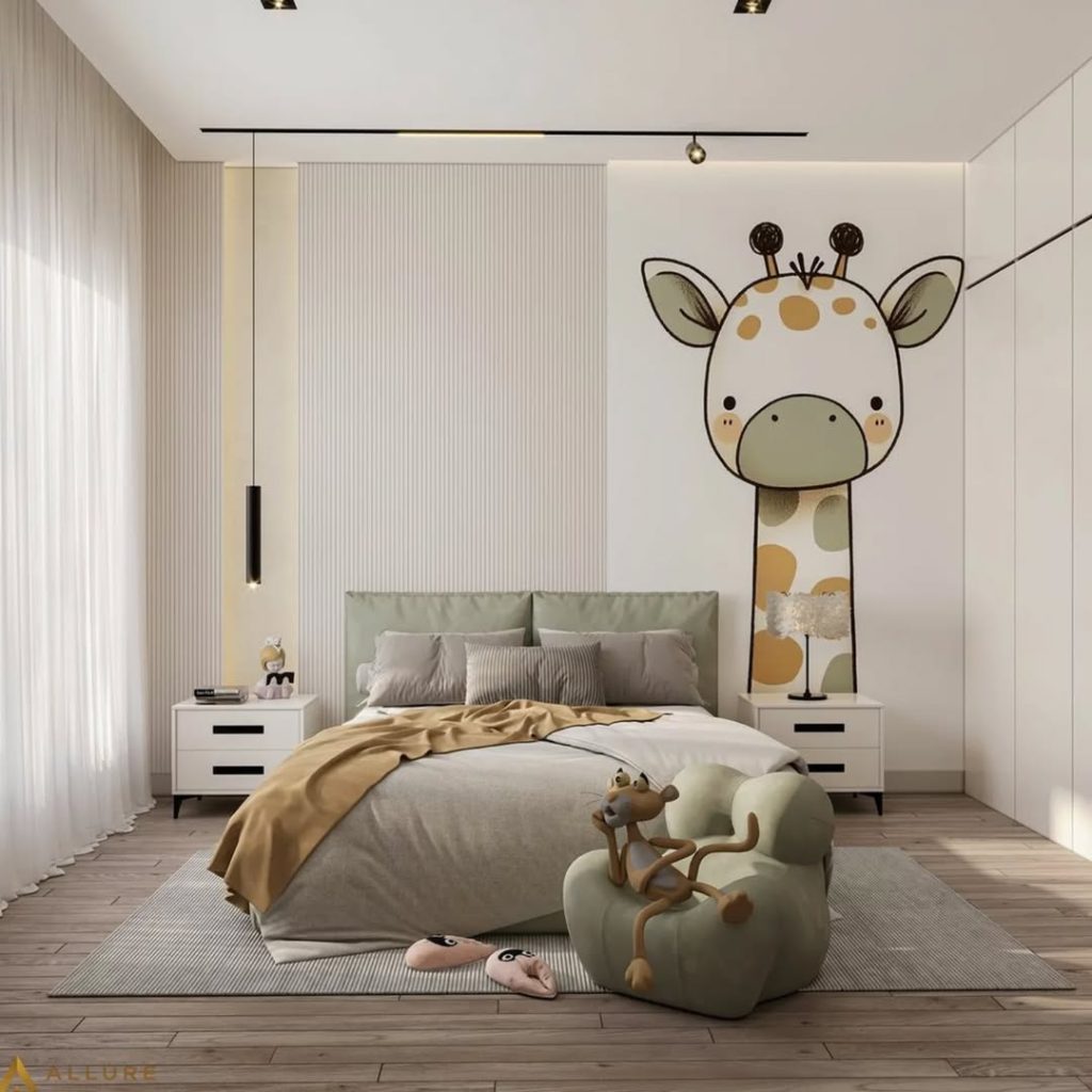 Modern kids bedroom with large giraffe wall mural accent