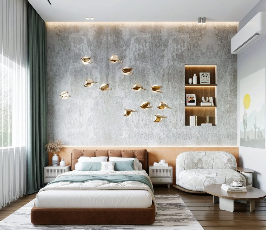 Modern bedroom with golden bird wall art and built-in shelving