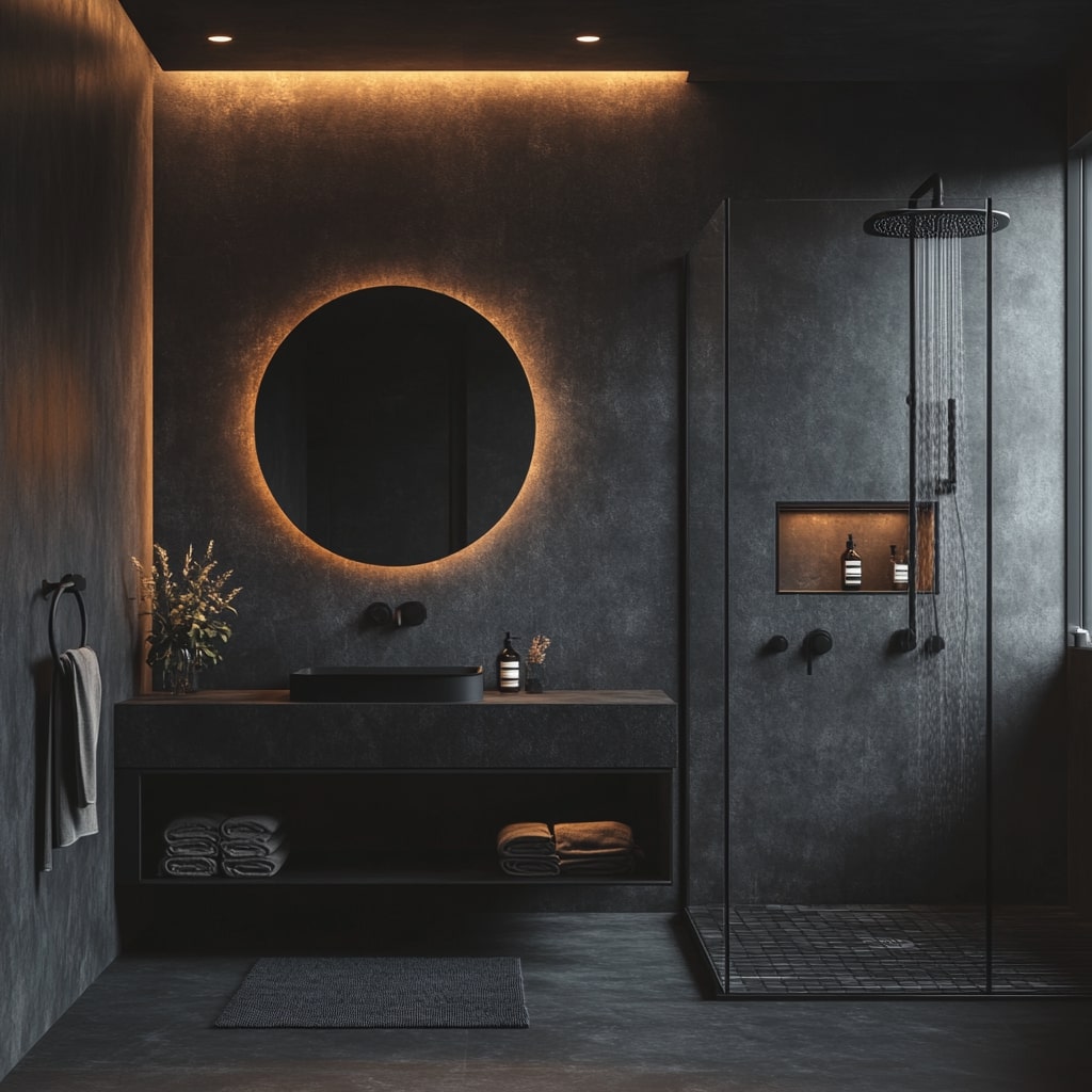 Minimalist dark bathroom with circular LED mirror and shower