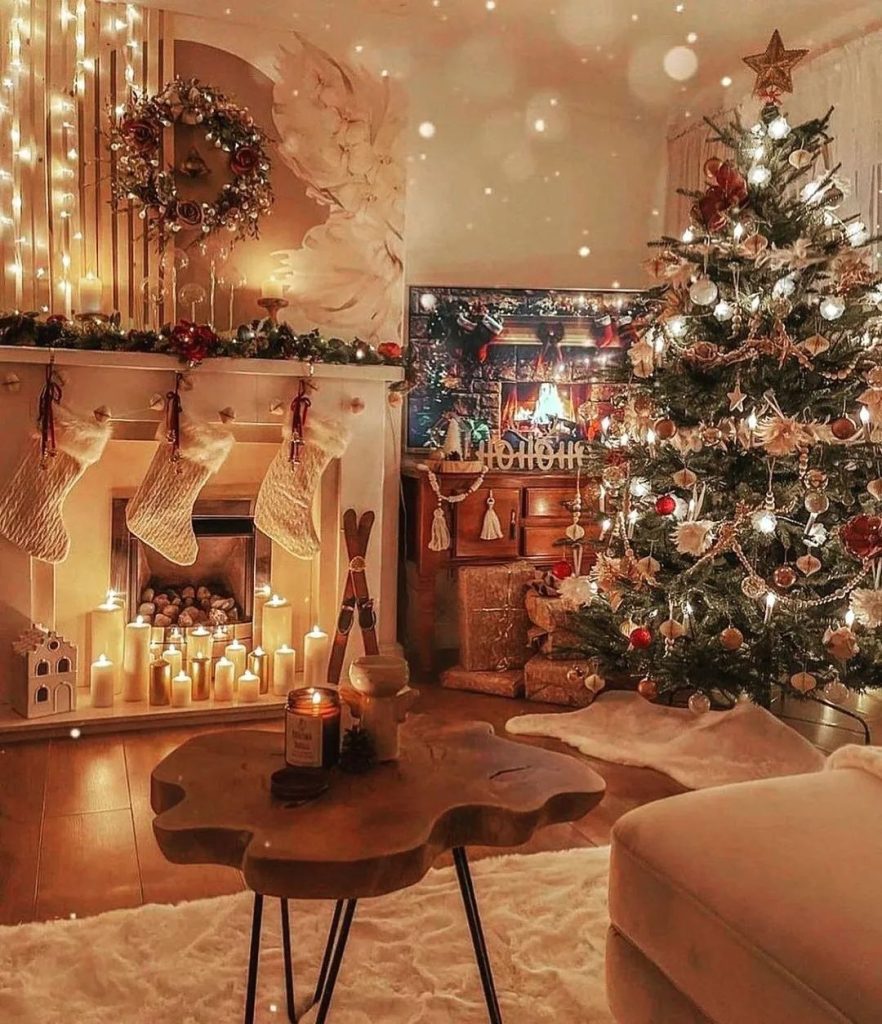 Warm Christmas living room with fireplace stockings tree and golden lighting