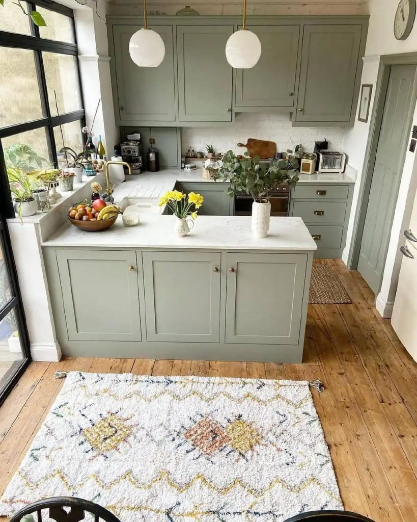 Sage green kitchen with white marble island wooden floors natural light