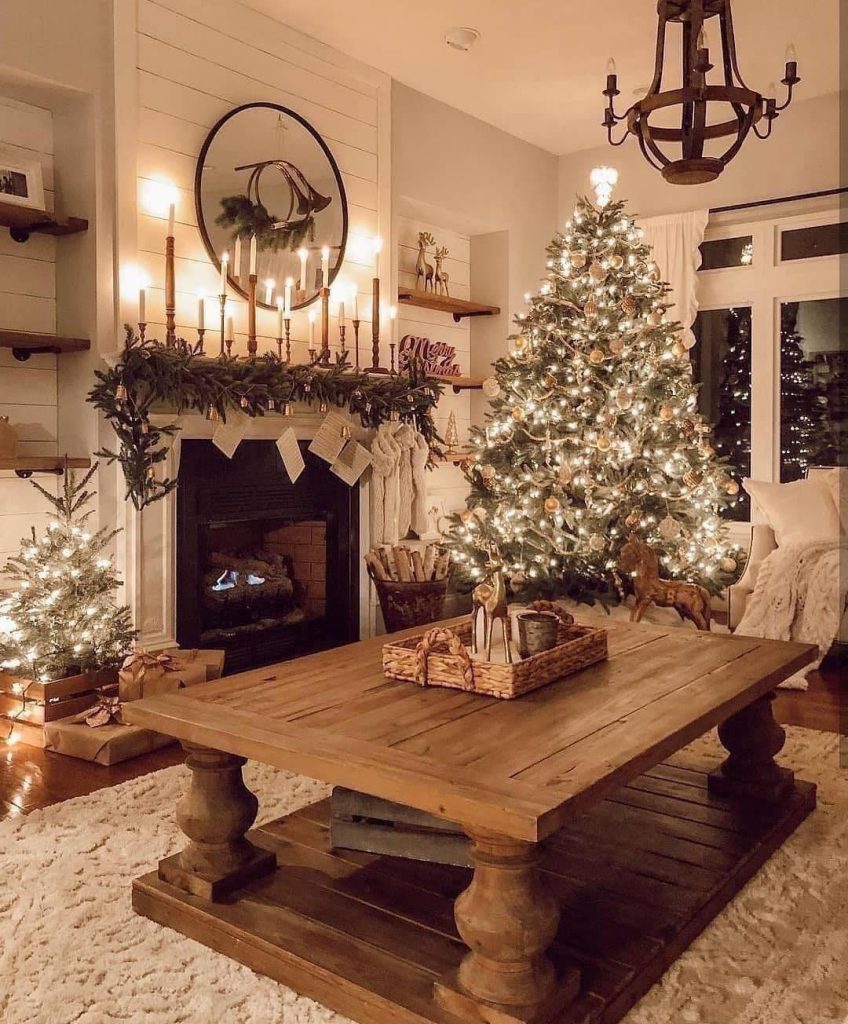 Farmhouse living room with Christmas tree fireplace and rustic decor