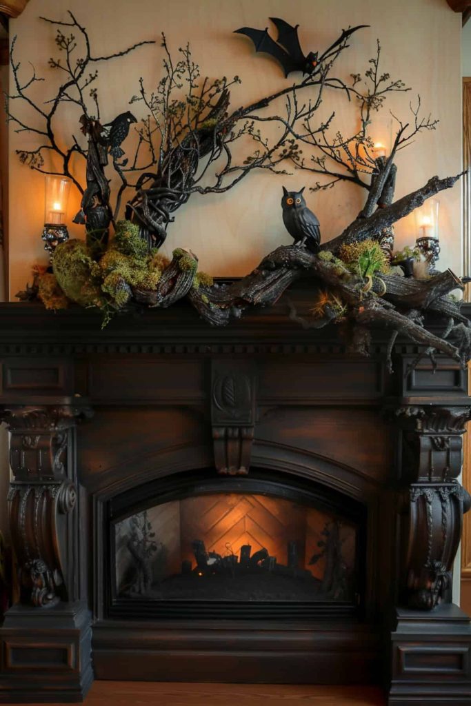 Halloween fireplace mantel with ravens owls bats branches