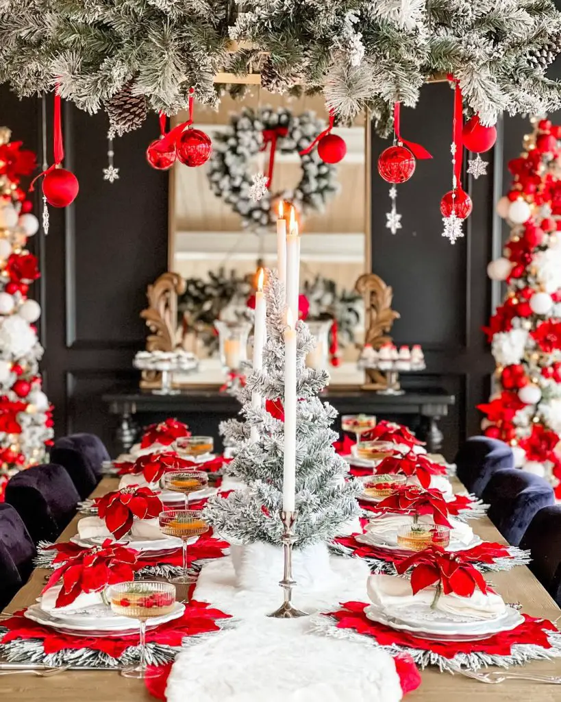 Dramatic Christmas table with red poinsettias, white flocked tree, and hanging ornaments
