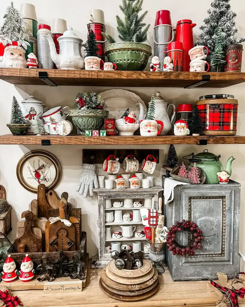 Kitchen shelves decorated with Christmas mugs and holiday items