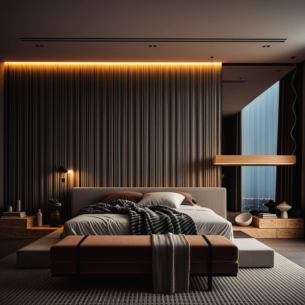 Modern bedroom with backlit wood slat wall