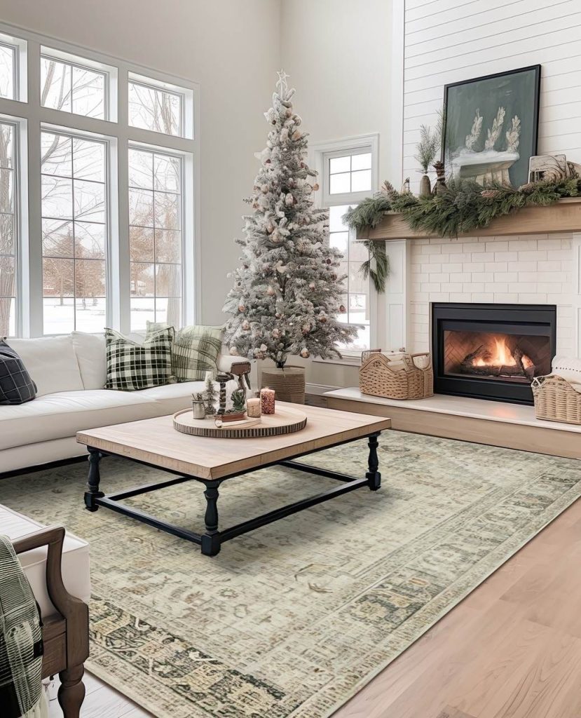 Elegant living room with white flocked Christmas tree modern fireplace and neutral holiday decor