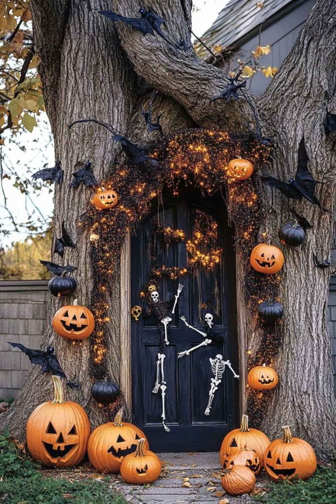 Tree trunk Halloween display with skeletons pumpkins