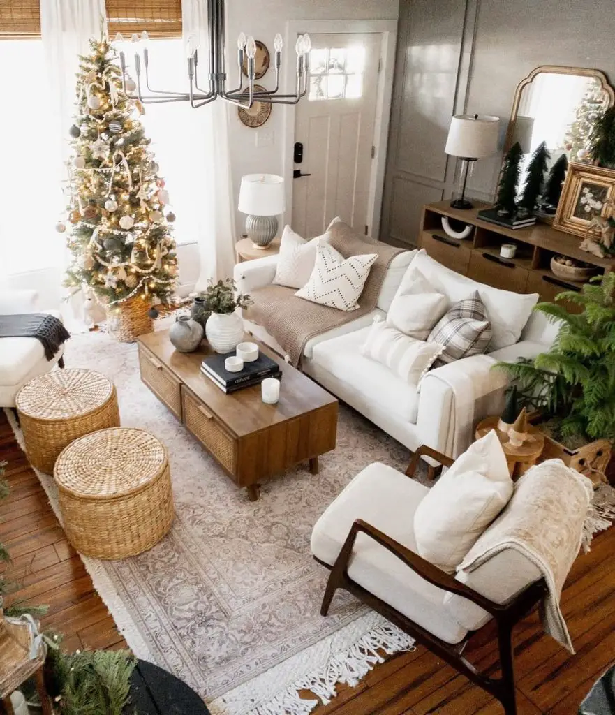 Living room with sectional sofa Christmas tree and natural wood accents