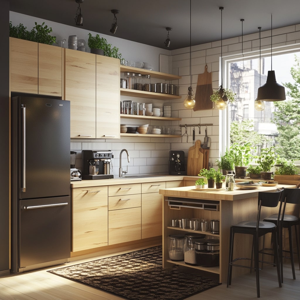 Modern kitchen with light wood cabinets, stainless appliances, island storage
