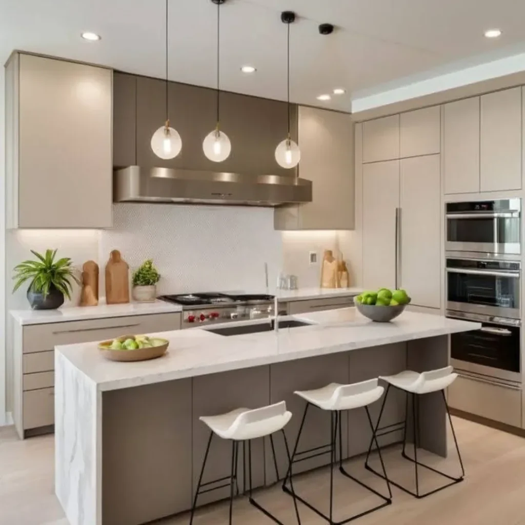 Neutral kitchen with beige cabinets marble island and pendant lights