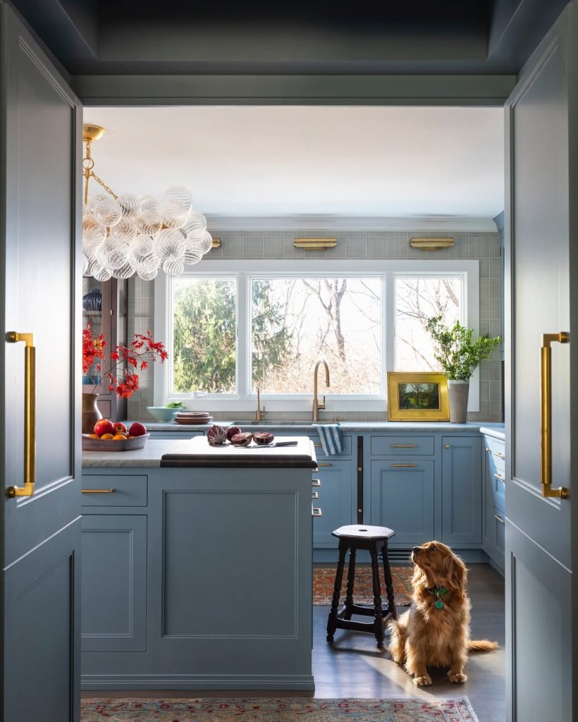 Blue kitchen with coffered ceiling and golden retriever