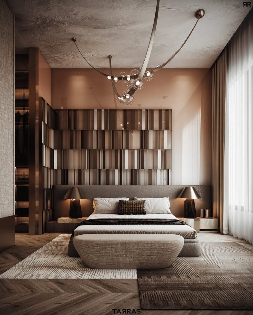Bedroom with geometric wood block headboard and bronze lighting