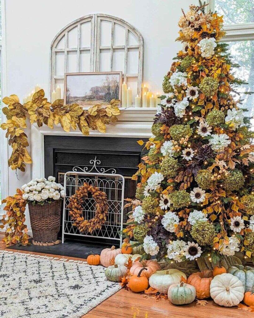 Indoor Christmas tree decorated with fall flowers leaves and warm lights