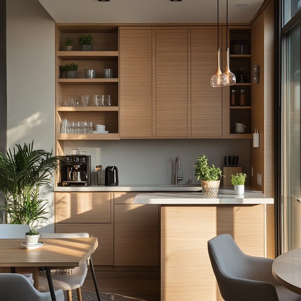 Contemporary kitchen with open shelving, wood cabinets, copper pendants