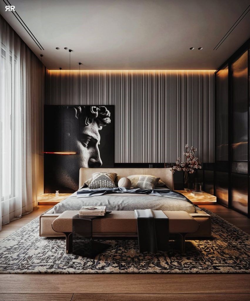Modern bedroom featuring portrait art with illuminated wood slats