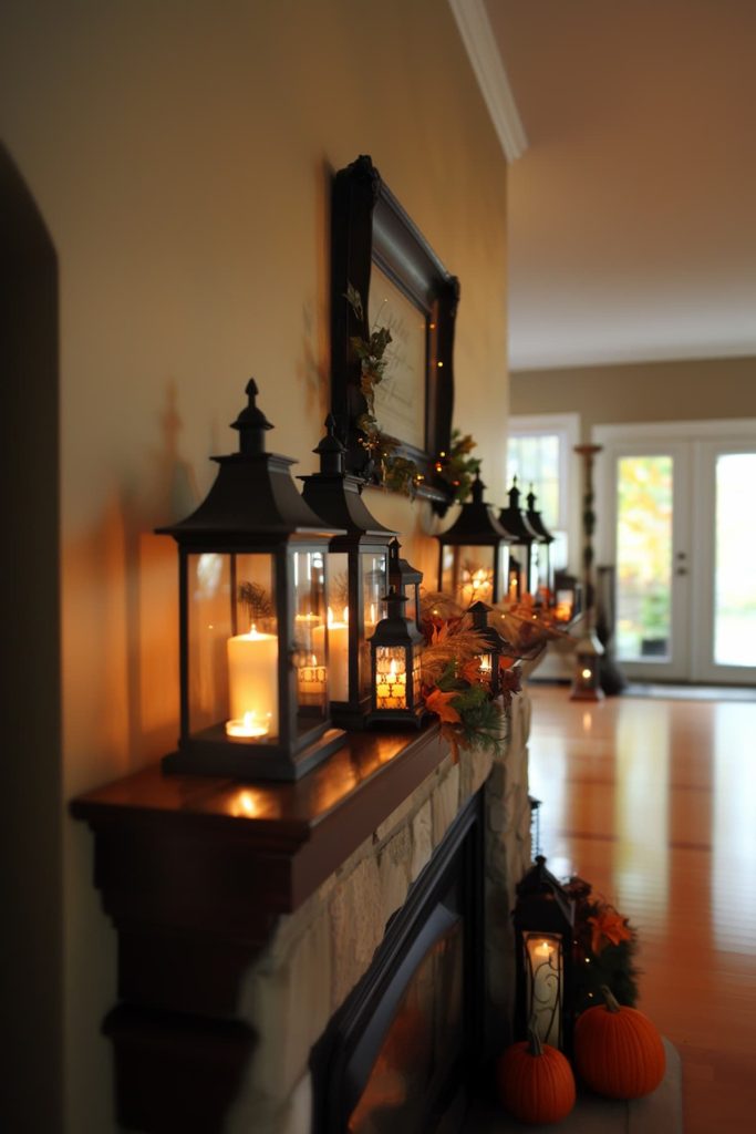 Black lanterns with candles and autumn decorations on wooden mantel