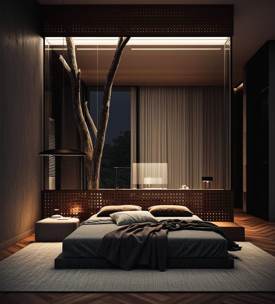 Bedroom with natural branch feature and perforated metal headboard