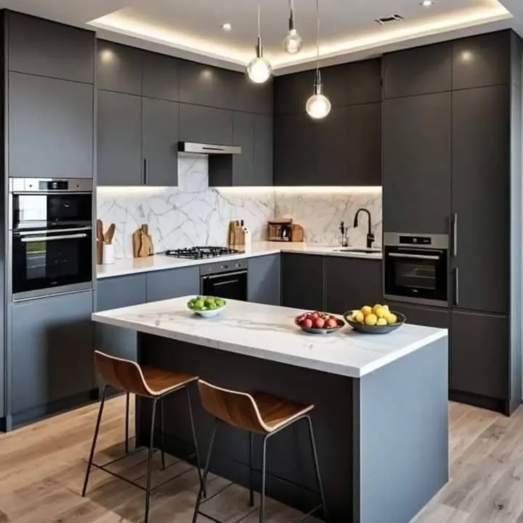 Modern gray kitchen with marble backsplash and ceiling lighting