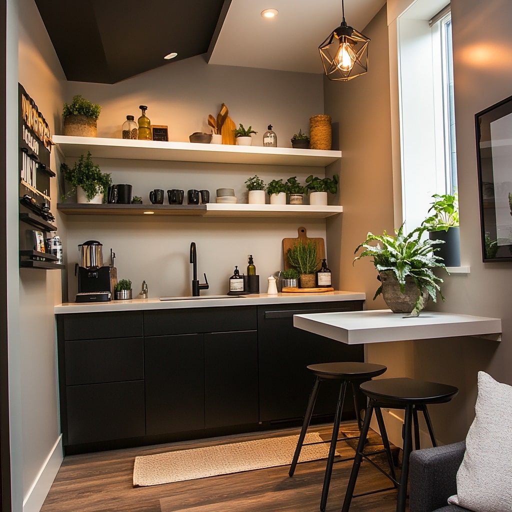 Coffee bar nook with floating shelves, dark cabinets, breakfast counter