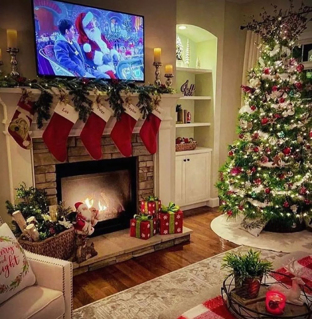 Christmas living room with personalized stockings and decorated tree