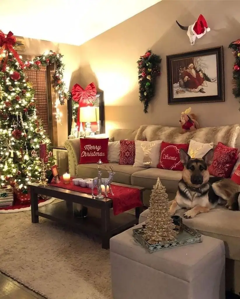 Farmhouse living room with flocked Christmas tree and shiplap walls