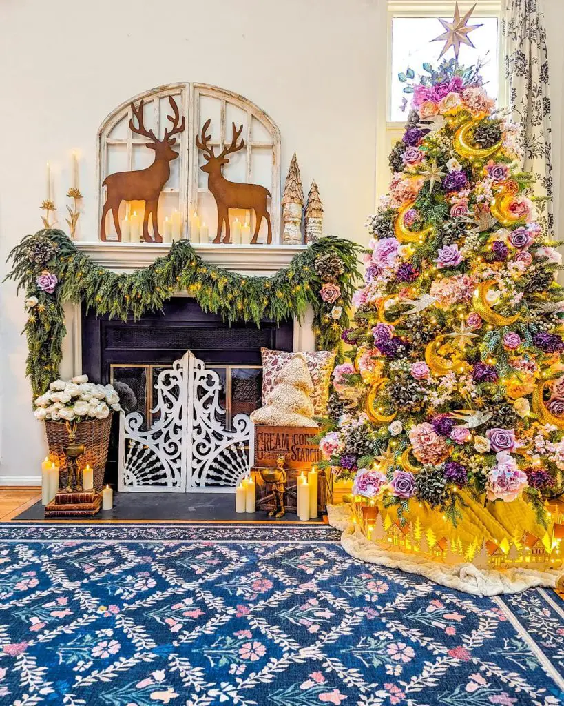 Christmas fireplace with floral tree, purple roses, golden ribbons, deer decorations