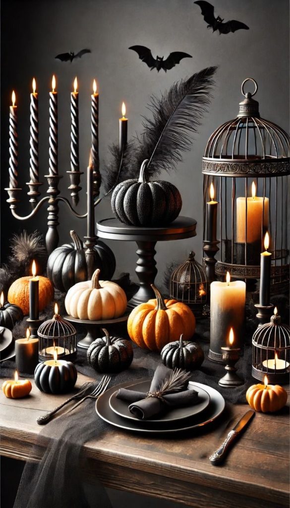 Elegant gothic Halloween table setting with candles pumpkins and bats