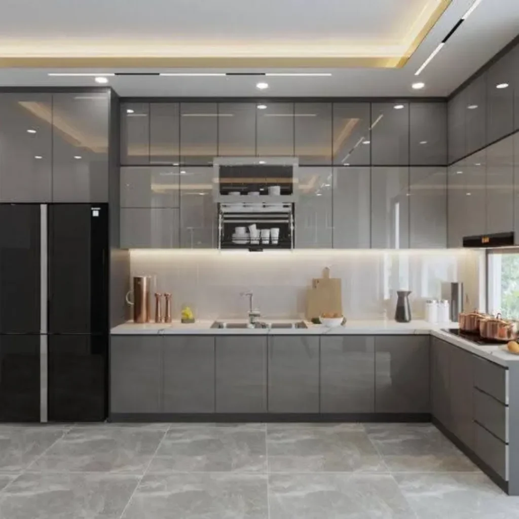 High gloss gray kitchen with integrated lighting and sleek design
